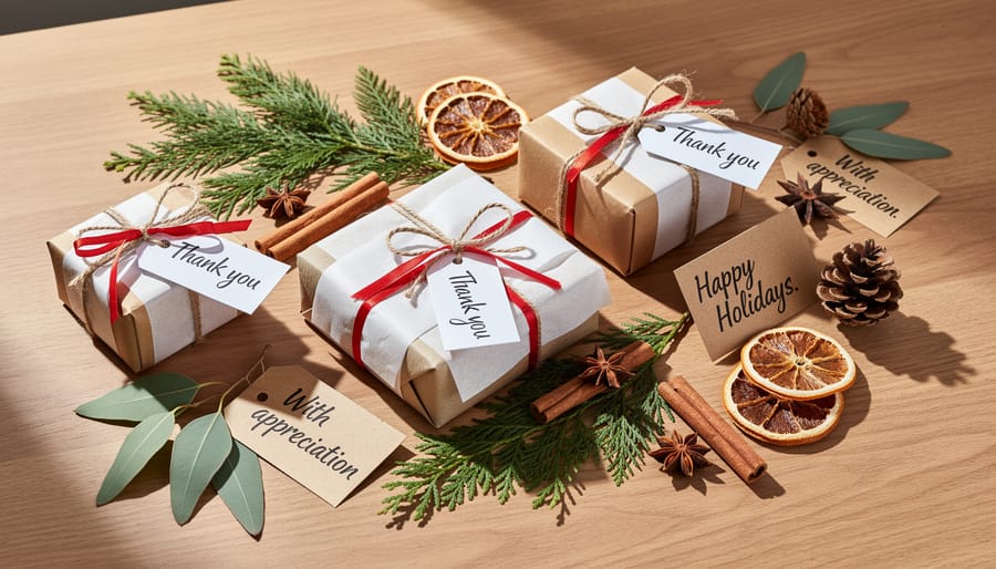 Overhead view of wrapped gifts with handwritten cards and natural evergreen decorations