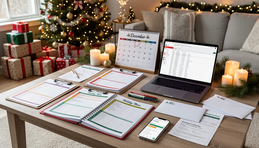 Overhead view of organized Christmas planning materials including planner, decorations, and coffee on wooden table
