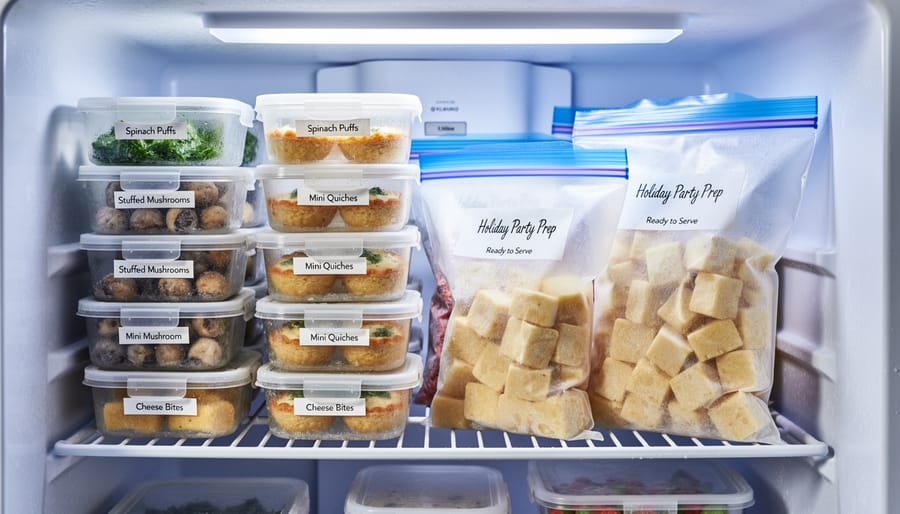 Overhead view of organized freezer shelves with containers of prepared Christmas appetizers