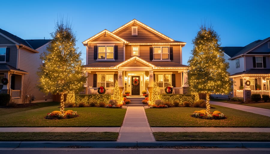 Suburban home decorated with white Christmas lights at twilight creating magical holiday display