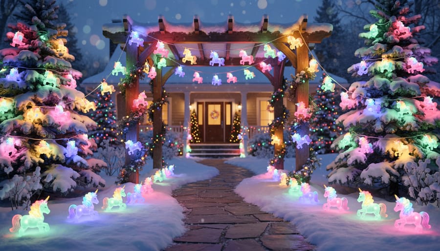 Outdoor Christmas display with rainbow unicorn lights wrapped around trees and fence in front yard