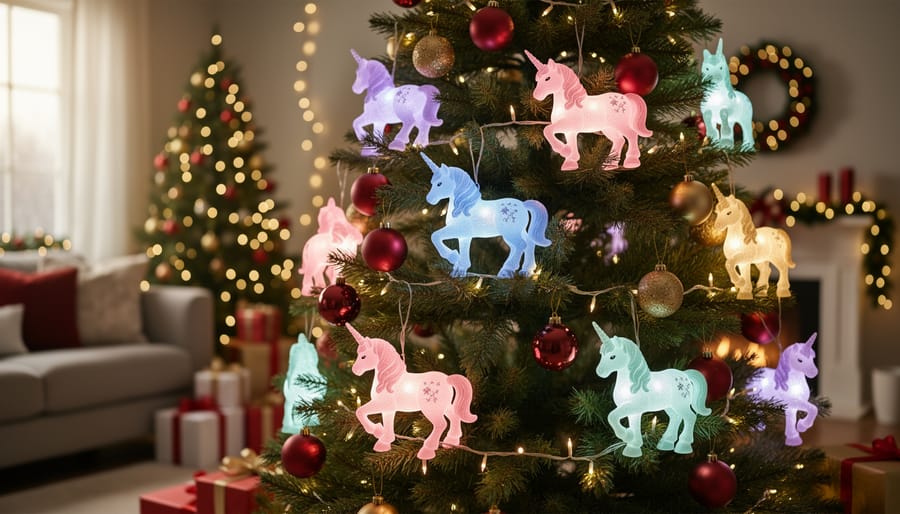 Close-up of glowing pastel unicorn Christmas lights on decorated tree branches