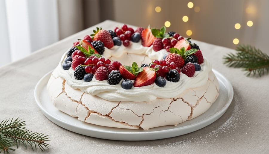 Pavlova wreath decorated with fresh berries and powdered sugar on wooden table