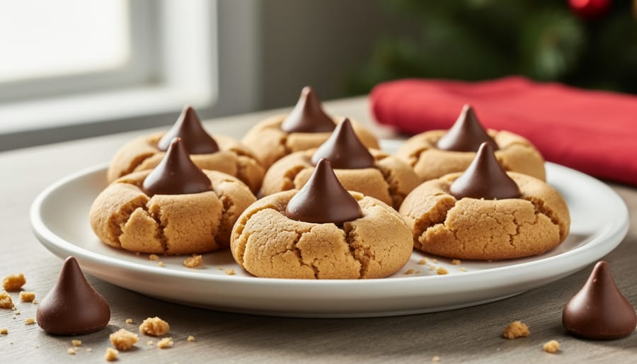 Peanut butter blossom cookies with chocolate kisses arranged on wooden board with Christmas decorations