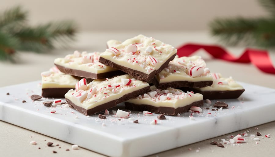 Overhead view of peppermint bark pieces with crushed candy canes on dark surface