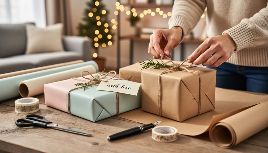 Close-up of hands tying elegant ribbon on wrapped gift with handwritten tag