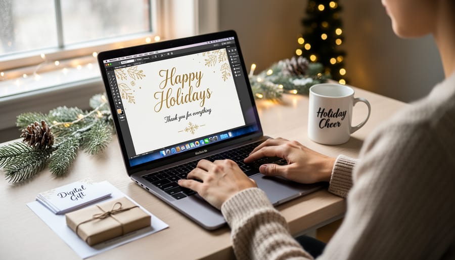 Person typing personalized holiday message for digital corporate gift on laptop