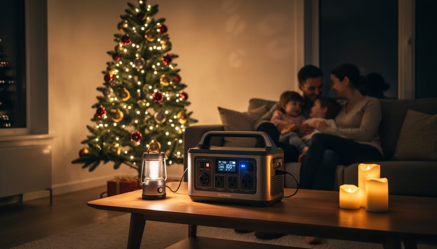 Portable power station with battery-powered candles and Christmas lights on table