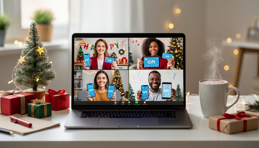 Video conference call showing diverse remote team members celebrating holidays together from their home offices