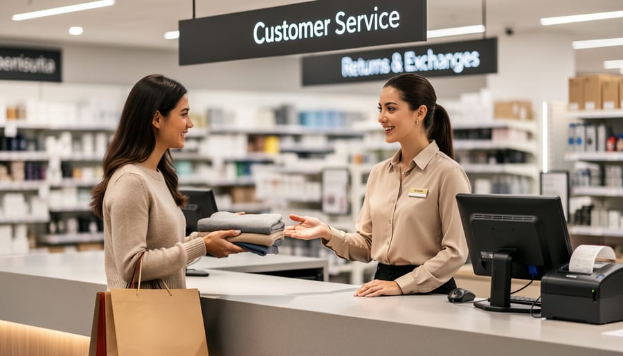 Customer and store employee at retail service counter discussing a return or exchange