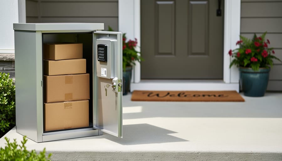 Weatherproof package lockbox on front porch with open lid showing secure interior