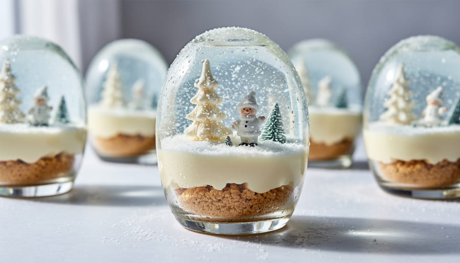 Clear glass cups filled with layered snow globe desserts resembling winter scenes