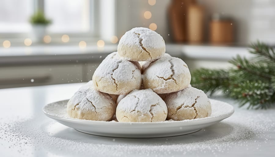Overhead view of round snowball cookies dusted with powdered sugar on white platter with holiday decorations