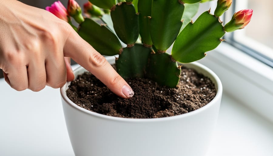 Close-up of person's finger testing soil moisture in Christmas cactus pot