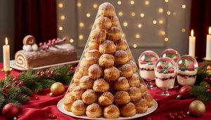 Towering croquembouche with spun sugar on a holiday dessert table, with blurred bûche de Noël, snow globe trifles, evergreen garland, ornaments, and warm Christmas lights in the background