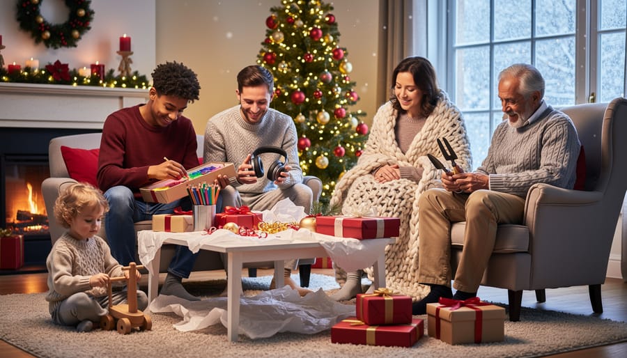 Multigenerational family—toddler, teen, parents, and grandparent—exchanging personalized gifts beside a decorated Christmas tree, warm golden lighting, cozy living room with fireplace and snowy window in the background.