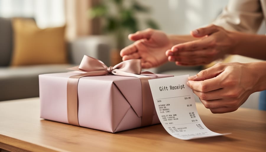 Overhead view of hands wrapping a gift and including a gift receipt card