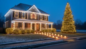 Low-angle view from the curb of a two-story suburban house at blue hour with white icicle lights along the roofline, warm-lit framed second-story windows, spiral-wrapped porch columns and downspouts, net-lit bushes, glowing pathway luminaries, and a light-wrapped evergreen, with softly blurred street and trees behind.