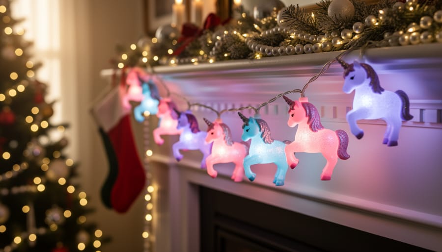 Close-up of pastel unicorn-shaped Christmas string lights glowing on a holiday mantel with silver tinsel, pearl garlands, and stockings, with warm white lights softly blurred in the background.