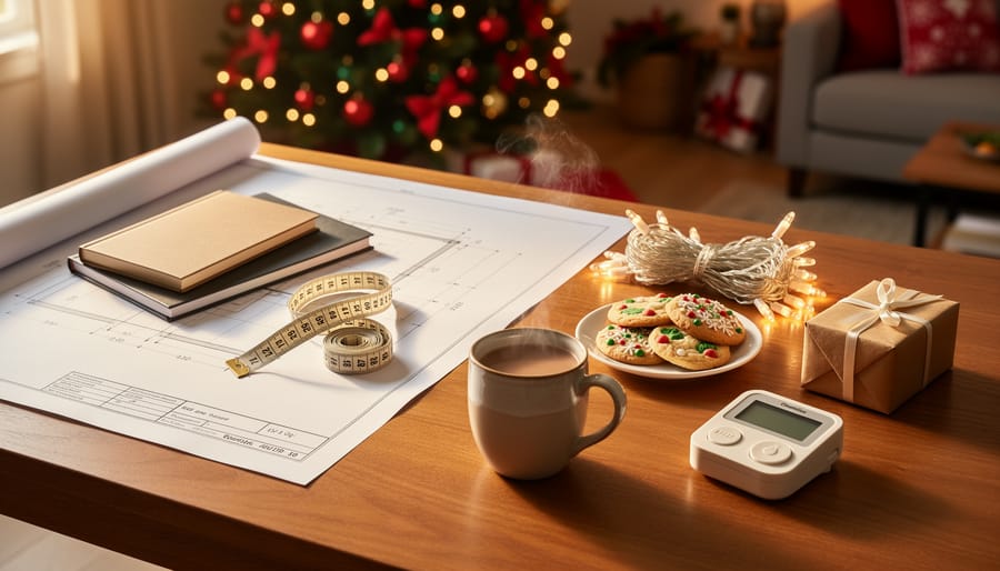 Symmetrical wooden table with planning items on the left (unlabeled blueprint paper, closed notebook, measuring tape) and verification items on the right (string lights with spare bulbs, cookies on a plate, wrapped gift, timer), a cocoa mug in the middle, warm window light, and a blurred Christmas tree in the background.
