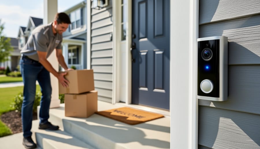 Modern video doorbell camera installed beside front door with package on porch