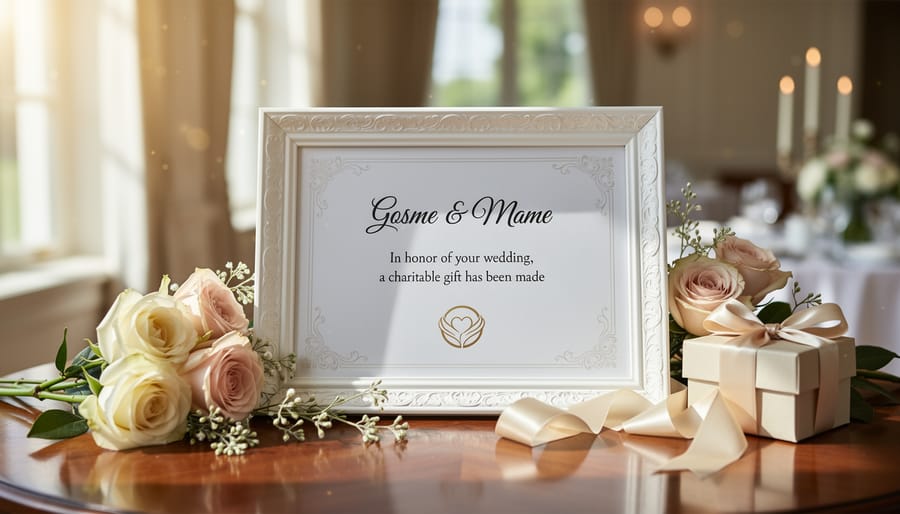 Wedding couple's hands holding an elegant donation certificate card at reception table