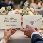 Newlywed couple holding a cream donation certificate and wax-sealed envelope on a decorated reception table with florals, candles, and gold-rimmed glassware in warm golden-hour light