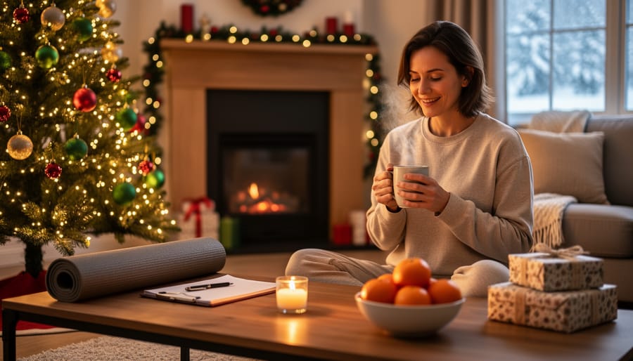 Person seated cross-legged by a softly lit Christmas tree holding a mug, with a closed planner, rolled yoga mat, lit candle, bowl of clementines, and fabric-wrapped gifts on the coffee table; warm golden-hour light, blurred fireplace and snowy window behind.