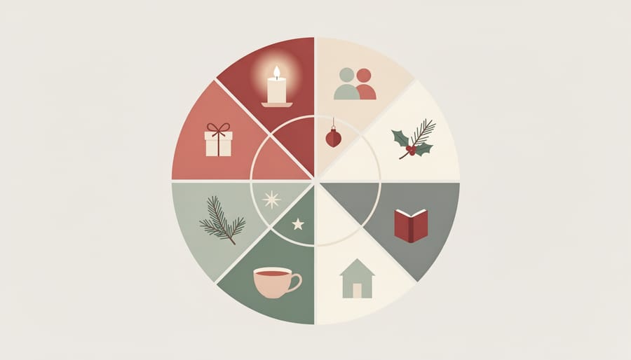 Eight wooden spokes radiating from ornament center with holiday decorations on rustic table