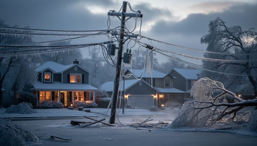 Ice-covered power lines heavily laden with winter storm ice accumulation