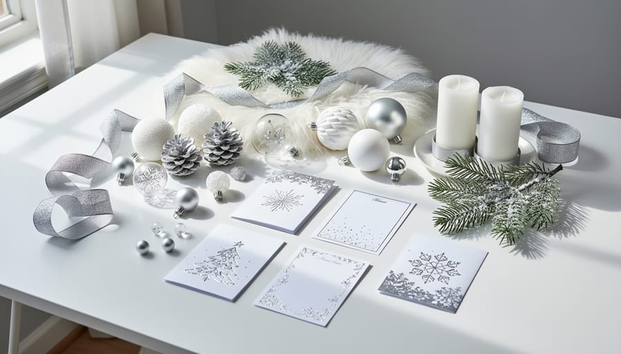 Winter wonderland themed charcuterie board with white and silver ingredients being enjoyed at holiday gathering