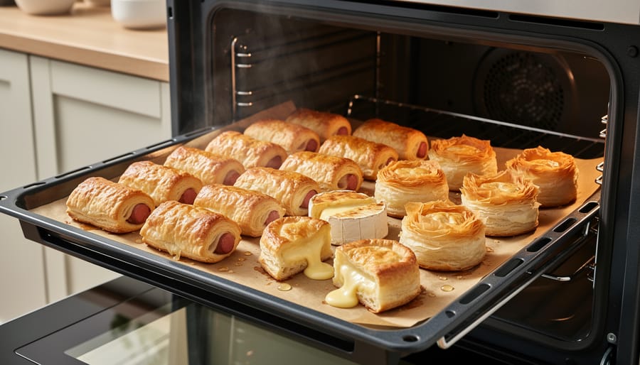Golden-brown wrapped appetizers including pigs in blankets and phyllo-wrapped brie on serving board