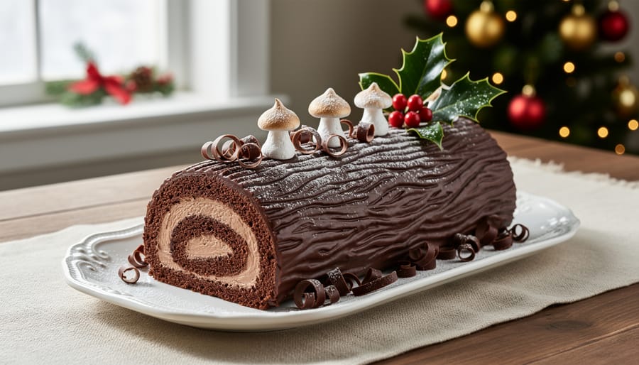 Decorated chocolate yule log cake with bark texture and cranberries on serving platter