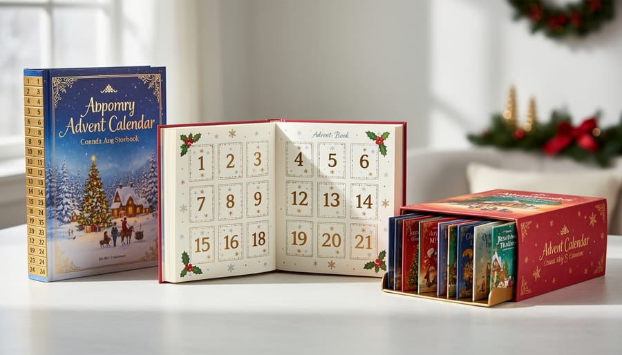 Three handmade advent calendar books in different styles displayed on wooden table with Christmas decorations