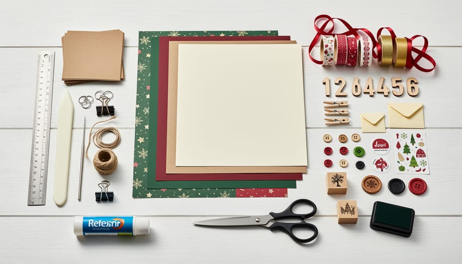 Flat lay of crafting supplies including papers, ribbons, envelopes, and tools for making advent calendar book
