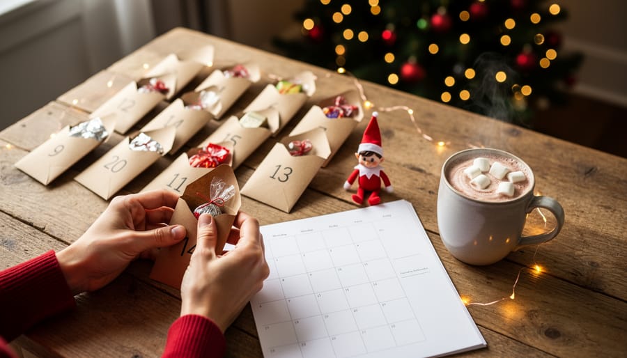Adult hands arrange small envelopes, tiny treats, and a red elf figurine for an advent calendar next to a blank planner and hot cocoa on a wooden table, with blurred Christmas tree lights behind.