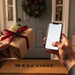 Hands holding a smartphone and a small wrapped holiday gift near a home entryway, with delivered packages on the doormat; screen content softly blurred and warm seasonal lights in the background.