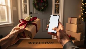 What Your Amazon Gift Registry Address Really Means (And Why It Matters) Hands holding a smartphone and a small wrapped holiday gift near a home entryway, with delivered packages on the doormat; screen content softly blurred and warm seasonal lights in the background.