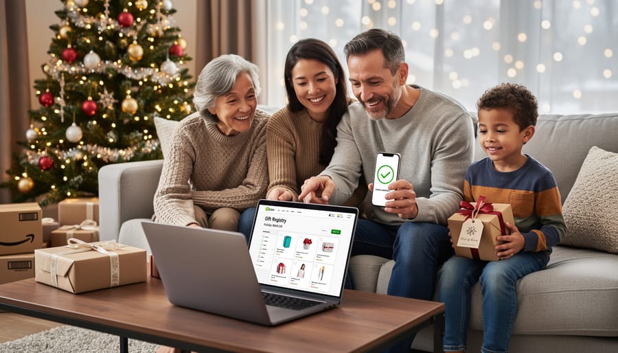 Woman holding smartphone showing Amazon gift registry interface with holiday decorations in background