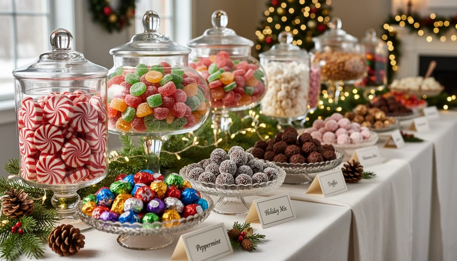 Close-up of hands arranging chocolates and ribbon candy on marble board with holiday decorations