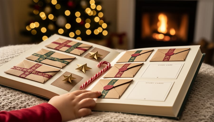 Close-up of an open hardcover book converted into a family Advent calendar with small kraft envelopes taped to pages, origami stars, and a candy cane, as a child’s hand reaches for an envelope; warm side lighting with blurred Christmas tree lights and a fireplace in the background.