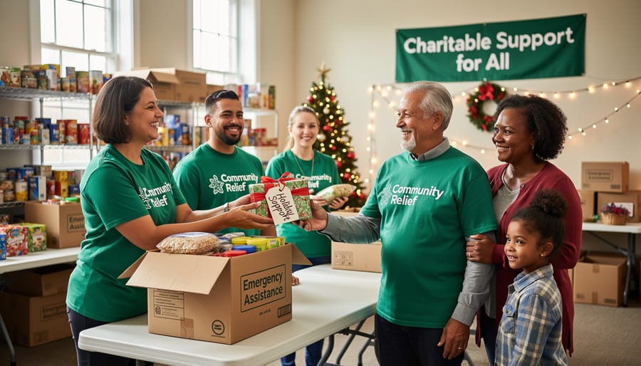 Volunteer placing wrapped gifts and supplies into charity donation bin
