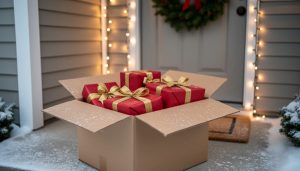 Open cardboard delivery box on a snow-dusted front porch showing red-and-gold wrapped Christmas presents, with warm indoor light glowing and a blurred evergreen wreath and string lights in the background.