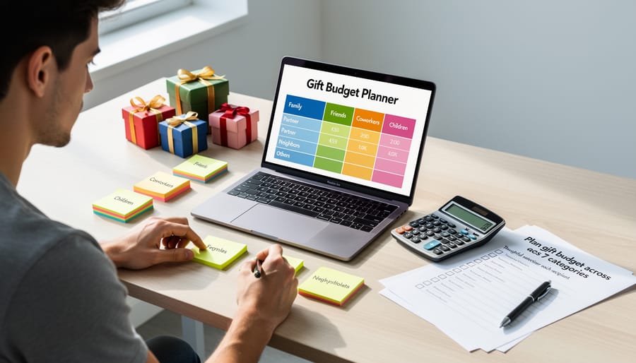 Overhead view of budget planning with notebook, calculator, and gift receipts on table