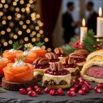 Three-quarter overhead close-up of a slate platter with smoked salmon roses on pumpernickel, cranberry-glazed brie bites topped with candied pecans, and mini beef Wellingtons, garnished with rosemary and pomegranate arils, set before softly blurred Christmas lights and holiday table decor.
