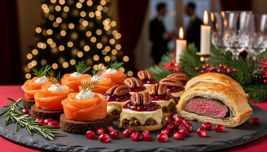 Three-quarter overhead close-up of a slate platter with smoked salmon roses on pumpernickel, cranberry-glazed brie bites topped with candied pecans, and mini beef Wellingtons, garnished with rosemary and pomegranate arils, set before softly blurred Christmas lights and holiday table decor.