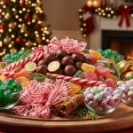 Angled overhead view of a wooden board filled with colorful holiday candies—peppermint sticks, ribbon candy, chocolate truffles, chocolate coins, candy‑coated chocolates, and Jordan almonds—in small glass bowls, with rosemary sprigs and cinnamon sticks; blurred Christmas tree lights behind.