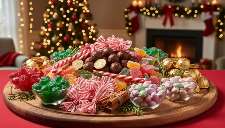Angled overhead view of a wooden board filled with colorful holiday candies—peppermint sticks, ribbon candy, chocolate truffles, chocolate coins, candy‑coated chocolates, and Jordan almonds—in small glass bowls, with rosemary sprigs and cinnamon sticks; blurred Christmas tree lights behind.