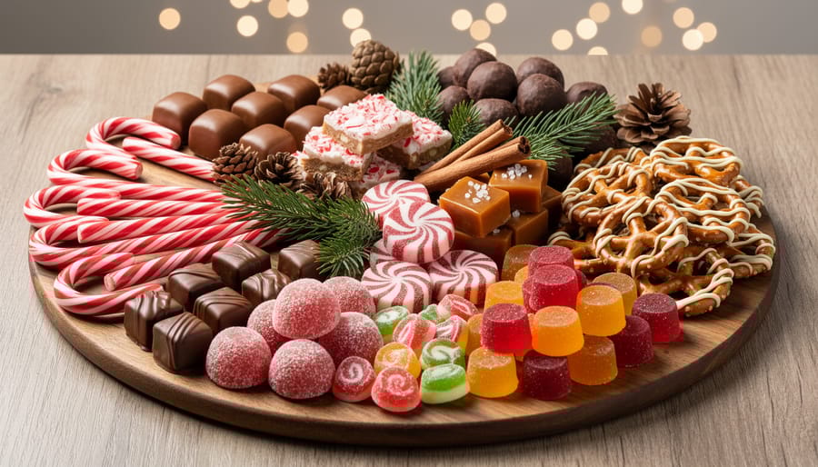 Overhead view of Christmas candy board featuring peppermint bark, candy canes, chocolates and festive garnishes
