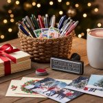 Organized Christmas card-writing station on a wooden table with envelopes tied in red ribbon, rubber stamp, pens, postage stamps, basket of supplies, and a mug of cocoa, with a softly blurred Christmas tree behind; no visible text.
